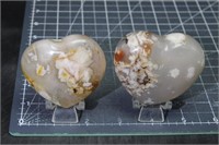 2, Large Puffy Flower Agate Hearts, 10oz