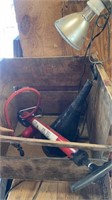 Clamp Light, Funnel, Hand Pump, Wood Crate