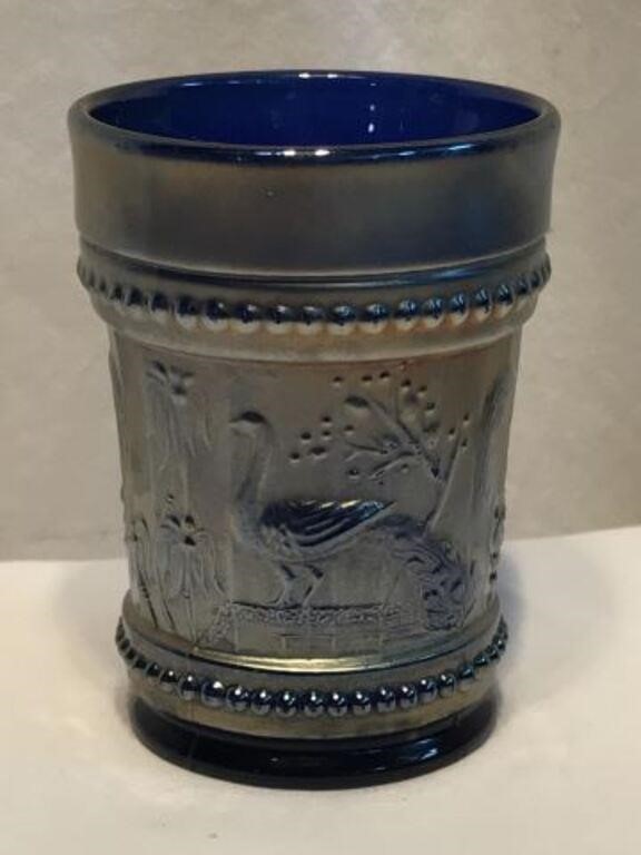 Northwood "Peacock/Fountain" Blue Glass Cup