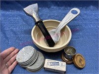 Stoneware bowl w/ zinc lids -Marathon scoop -etc