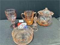 Pink Glass Bowl, Cup, Jar, Bell