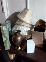 Lamp shades, brass vase, glass chess board