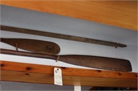 3 old oars, one has painting, binoculars