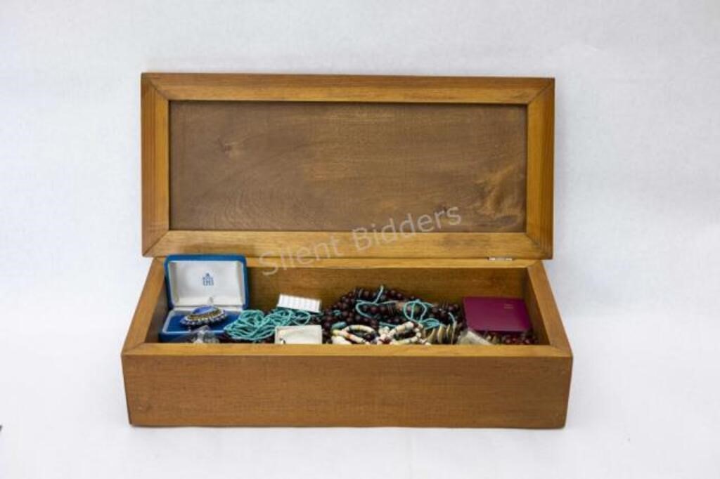 Antique Wooden Box w Costume Jewelry