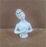 Vtg Small Porcelain Half Doll / Pin Cushion Doll