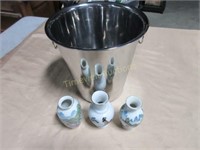 Stainless steel ice bucket and 3 Asian vases
