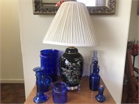 Collection of Blue Glass and Lamp