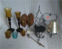 Candle holders, tin decoration trays, misc.