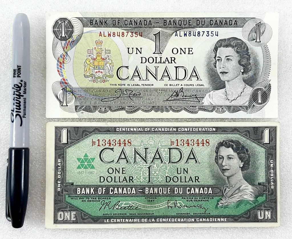 2 billets de 1$ CANADA 1967 et 1973