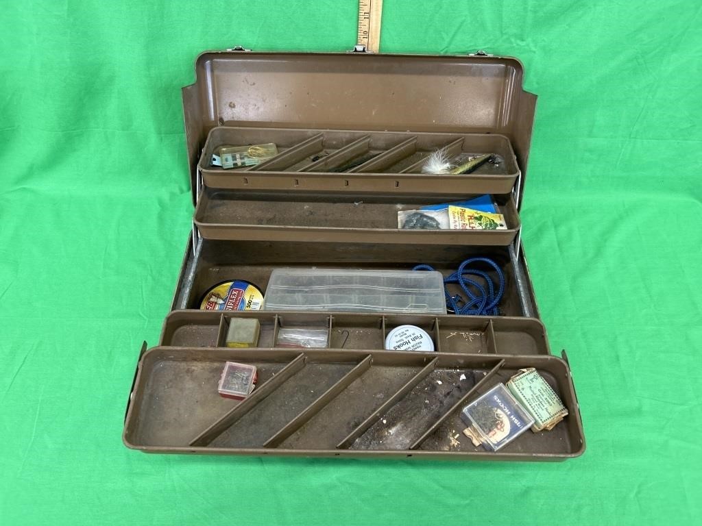 Antique fishing tackle box with tackle