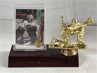 MANON RHEAUME SIGNED CARD ON TROPHY STAND
