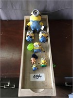 LOT of 7 Minions and Wooden Tray Holder