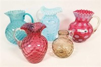 5 glass vases: blue opalescent, Fenton, cranberry,
