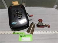 Sears adding machine, thermometer and a stapler