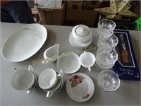 7 Crystal fruit bowls, platter, cups/saucers,