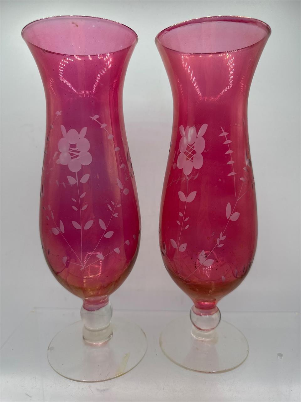 Cranberry etched glass vases