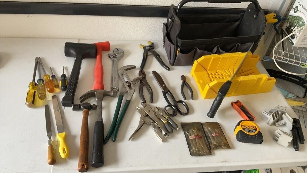 Tool,box w/ misc. tools, hammers, wrenches, saw &