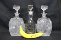 3 Vtg. Pressed & Etched Glass Decanters