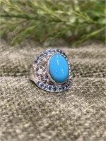 Oval Cut Sterling Silver Blue Topaz Ornate Ring