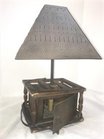 Interesting wood and metal table lamp. Has