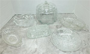 GLASS PUMPKIN, COVERED BUTTER & GLASS DISHWARE