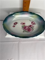 Rose Floral Platter Serving Dish Green Rim 11"