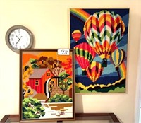 2 Needlepoint Pictures & Clock
