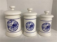 Three Blue Willow Pattern Pottery Canisters