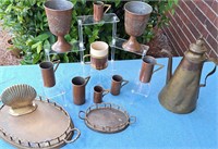 VINTAGE COPPER CUPS COFFEE POT & SERVING TRAYS LOT