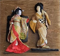 Pair Of Japanese Kimono Dolls On Stand & Detached