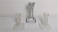 VINTAGE PRESSED CANDLE STICKS AND CLEAR GLASS CAND