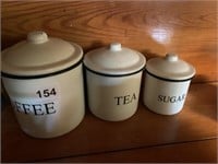 ENAMEL WARE COFFEE, TEA, AND SUGAR CANISTERS WITH