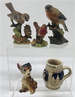 3 bird figurines, 1 fox figurine, .min beer stein