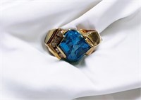 14K Yellow Gold Blue Topaz, Diamond Ring