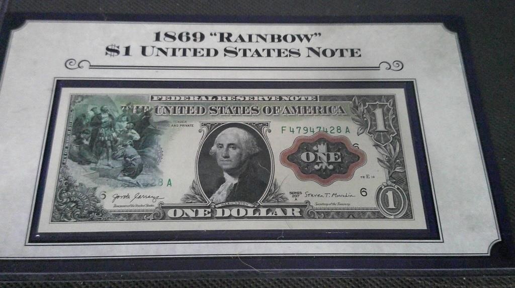1869 RAINBOW $1 COMMERATED ON A $1 BILL