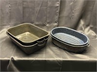 Two graniteware roasting pans