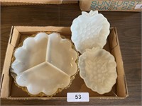 Milk Glass Divided Dish + (2) Strawberry Dishes