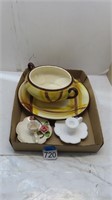 2 candle holders, plate and serving dish
