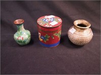 Three metal items: two cloisonne, 3 1/4"