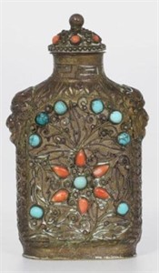 Old Tibetan Metal, Coral & Turquoise Snuff Bottle.