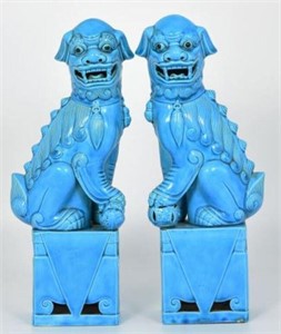 Pair of Majolica Chinese Foo Dogs.