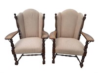 2 OAK ACANTHUS CARVED OPEN ARM CHAIRS