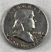 1951-D Franklin Silver Half Dollar, US 50c Coin