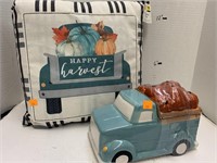 Truck cookie jar, Happy Harvest pillow