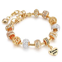 18K Gold Pl Heart Swarovski Charm Bracelet