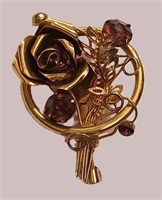 VTG 12K GOLD FILLED AMETHYST CRYSTAL ROSE BROOCH