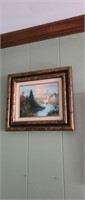 Ornate framed signed boat scene canvas oil
