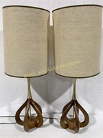 (2) MCM Brass & Wood Electric Lamps