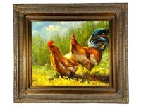 Golden Hen and Rooster Oil on Canvas