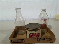 Vintage coffee tin and 2 milk bottles